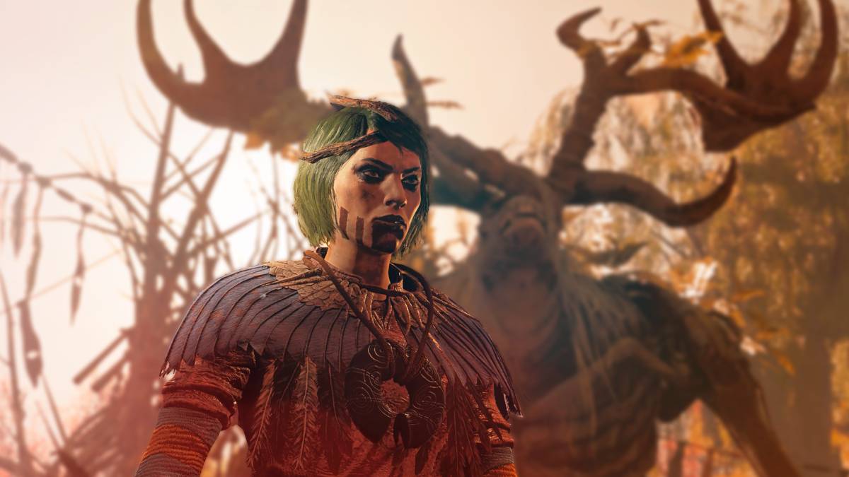 A character from Greedfall 2 stands in front of an elken beast.