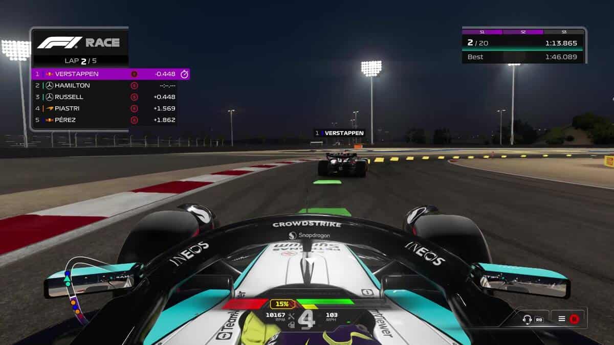F1 24 review: A Mercedes car preparing to round a corner behind Max Verstappen.