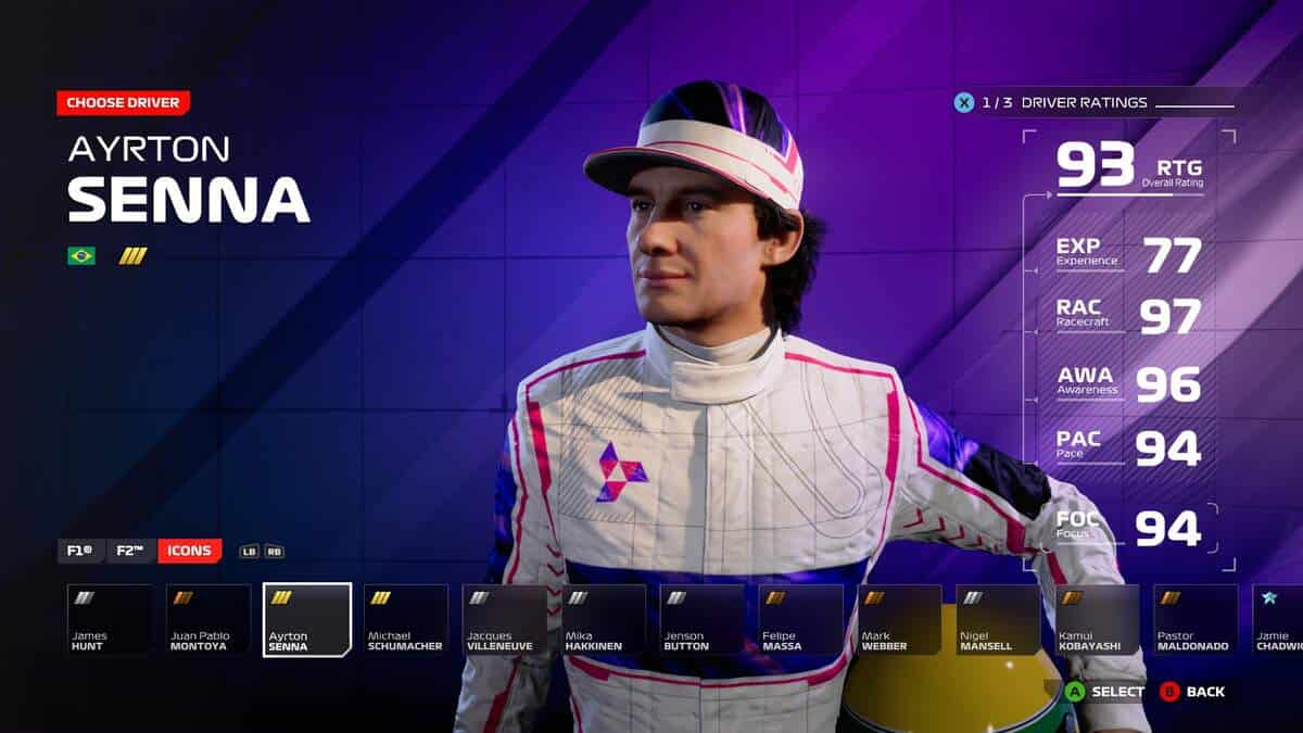 F1 24 review: Ayrton Senna in the driver select screen for Career Mode.