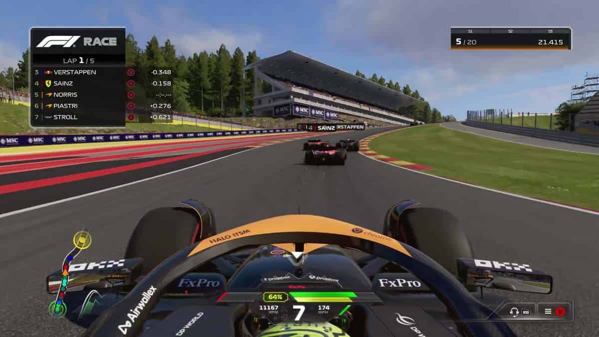 F1 24 review: A McLaren car rounding a corner on the Spa circuit behind Sainz, Verstappen and one other driver.