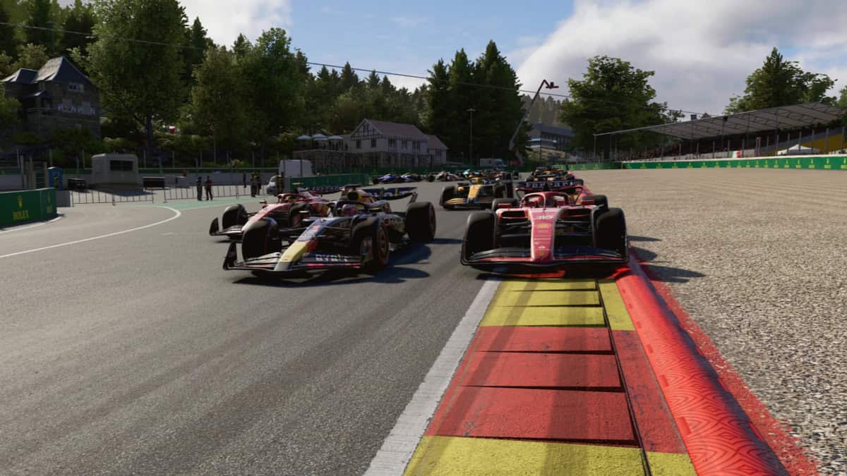 F1 24 review: A group of F1 cars driving on Belgium's Spa circuit.