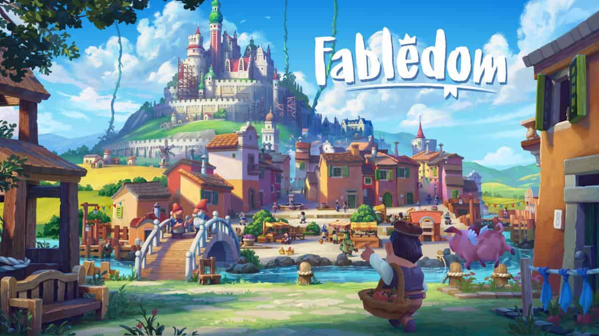 Fabledom review: town scene with colorful buildings, lively characters, and a grand castle atop a hill.