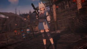 A girl standing on a dock with a gun, visibly enhanced by Fallout 4 mods.
