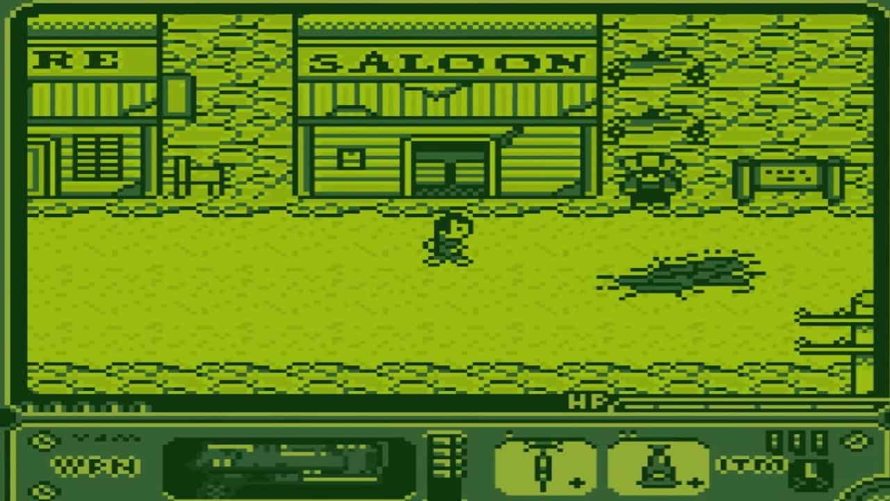 Pixel art image of a video game scene showing a character standing in front of a saloon in a Fallout-inspired wild west setting.