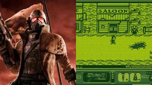 A close-up of a Fallout-style soldier in armor on the left, and a pixel-art scene of a video game featuring a western saloon on the right.