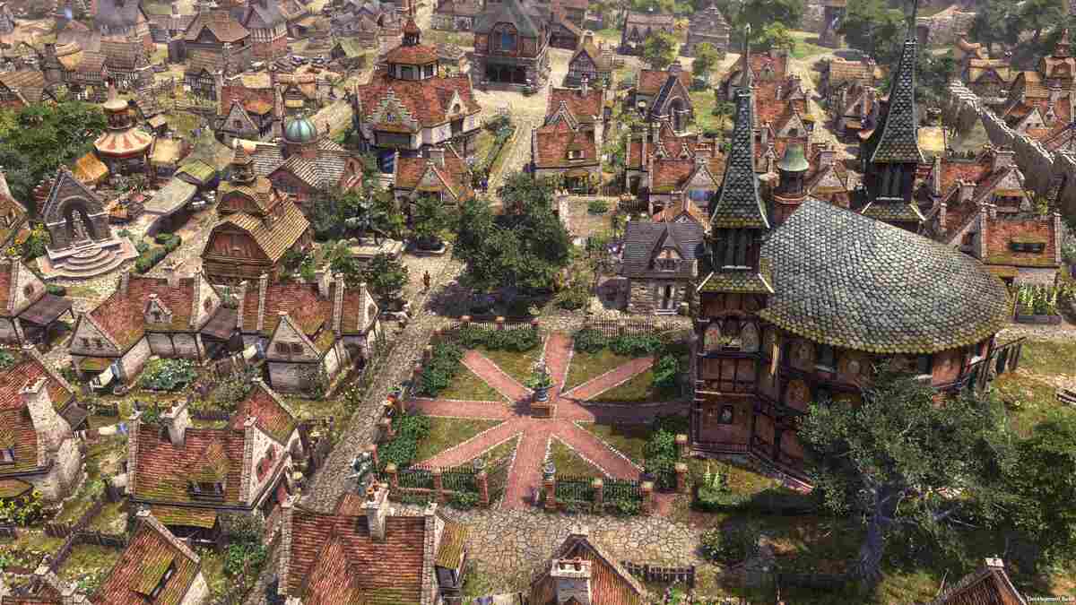 Aerial view of a detailed medieval village with numerous houses, cobblestone streets, and a central plaza featuring a large decorated building in Farthest Frontier