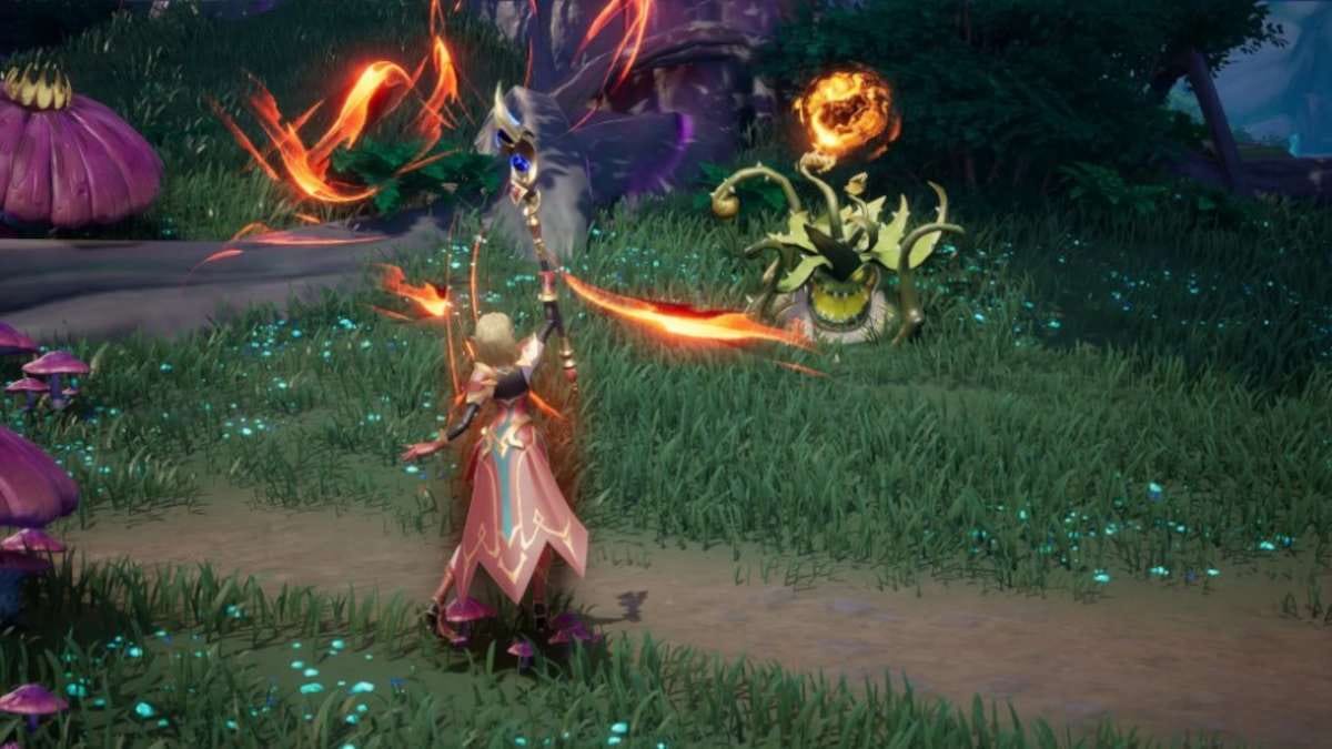 A picture of a fire mage, enchanting her fire ball spells around her bodyt