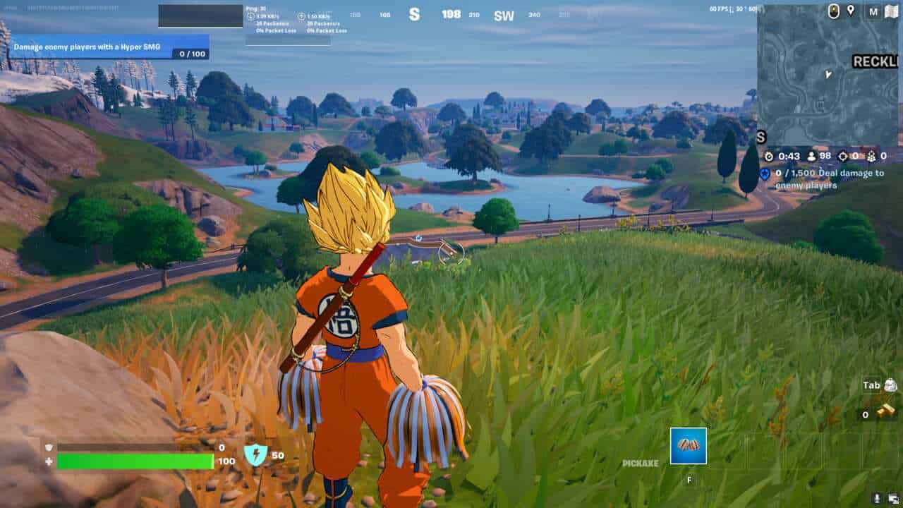 Fortnite how to play in tournaments: A player with a Goku skin on a hill overlooking a lake in Fortnite
