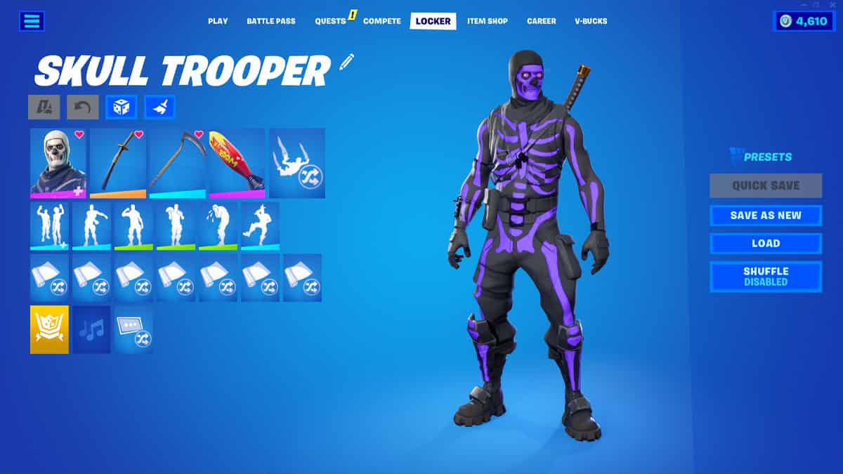 A screenshot of the popular Skull Trooper skin in Fortnite.