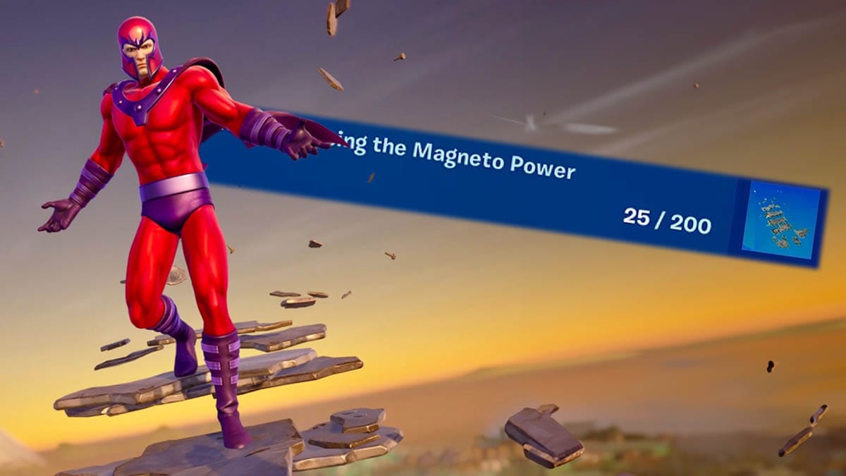 Magneto in Fortnite on his glider with a quest overlay