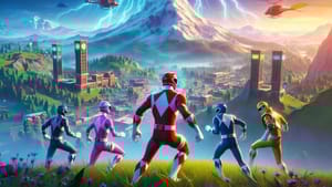 Five Power Rangers in a Fortnite world, looking at helicopters flying above the town