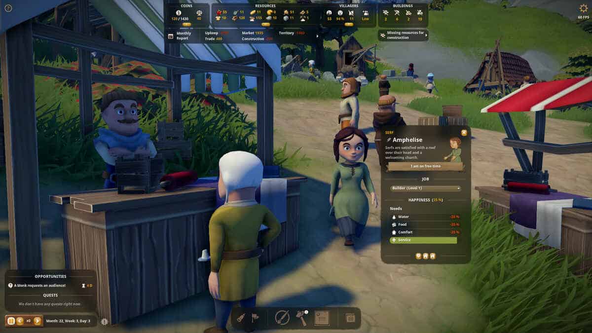 A character in a green dress approaches a merchant in a medieval village in Foundation