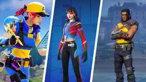 Three characters from a video game, each styled distinctively in colorful Fortnite free skins, posing against different backgrounds.
