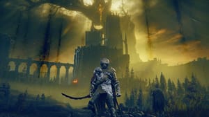 FromSoftware games are not that hard: A player wielding the Rivers of Blood katana facing the camera with a castle and Erdtree in the background clouded in yellow light.
