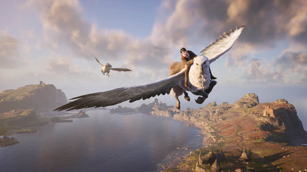 Games like Hogwarts Legacy: wizard flying a griffon.