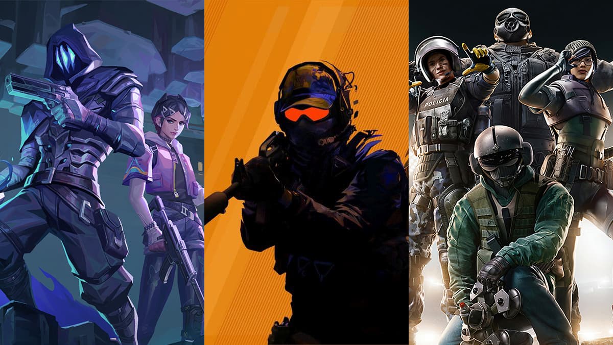Image representing games like CS2, split to three parts representing Valorant, Counter-Strike 2, and Rainbow Six Siege.