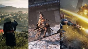 A warrior overlooks a town, prepares for battle in a snowy area, and fights a glowing enemy with a sword