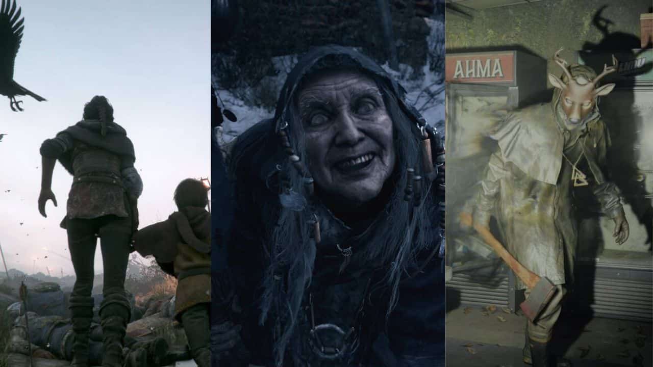 Three images side-by-side: two characters looking out on a ruined landscape, a sinister elderly woman with glowing eyes and black hood, and a creature with a goat head wearing tattered clothes.