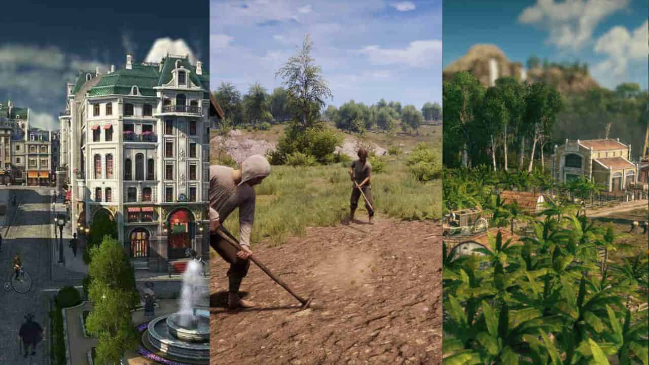 Three-part split image showcasing city buildings (left), people farming (center), and a rural landscape with farm buildings (right).