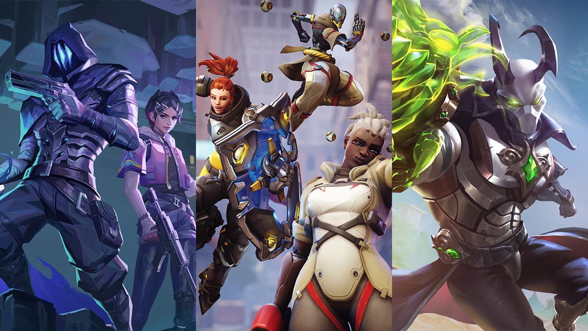 Image of covers for games like Overwatch 2. Split into three parts, it includes Valorant, Overwatch 2, and Paladins.
