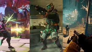 An image showing a futuristic battle, a soldier in tactical gear, and a first-person shooter in a post-apocalyptic setting.