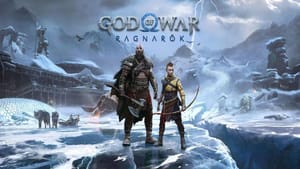 Two characters, one large and armored and the other a young archer, stand on an icy landscape with mythical creatures and Norse ruins in the background. The title "God of War Ragnarök" is displayed above them, emphasizing the epic continuation of the legendary "God of War" saga.