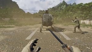 Gray Zone Warfare factions: A soldier running towards a helicopter in a jungle clearing. Image captured by VideoGamer.