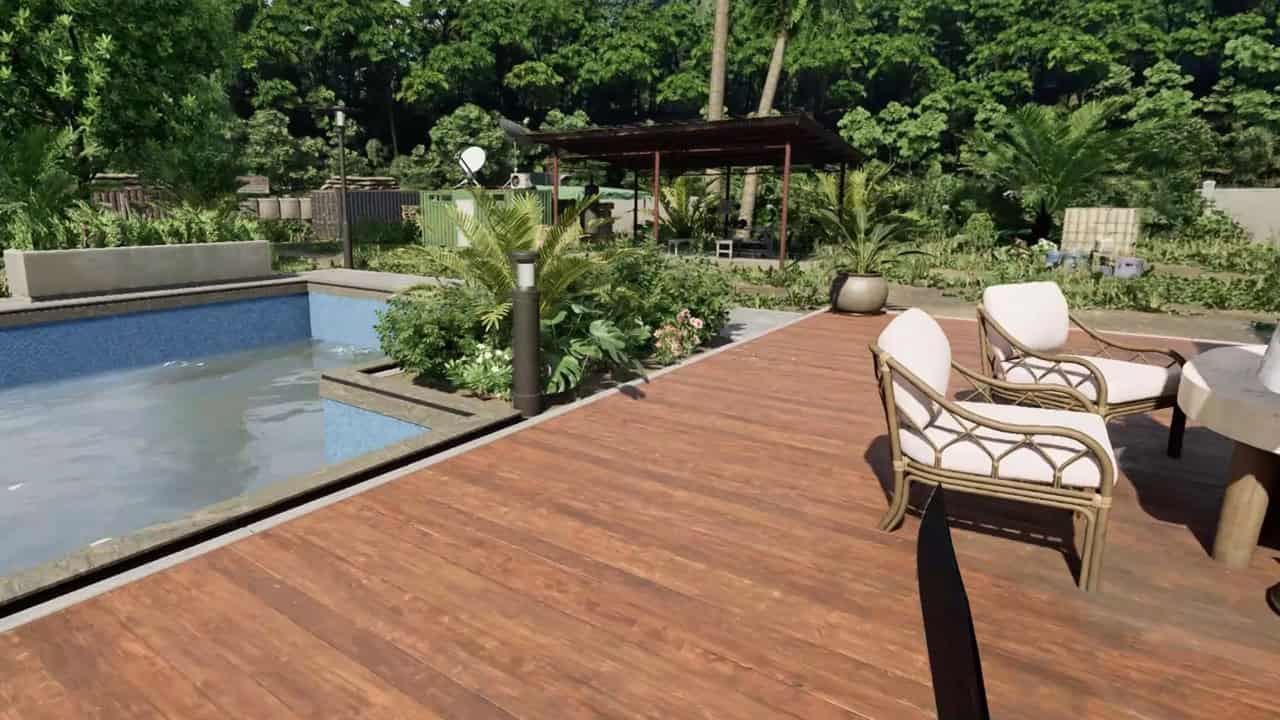 Gray Zone Warfare system requirements: A wooden deck with two armchairs overlooking a swimming pool next to a lush garden. Image captured by VideoGamer.