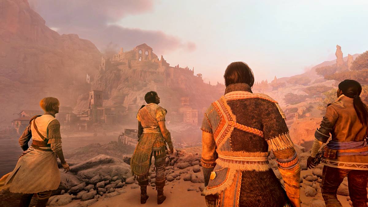 Four characters from Greedfall 2 stand in front of a newly discovered location.