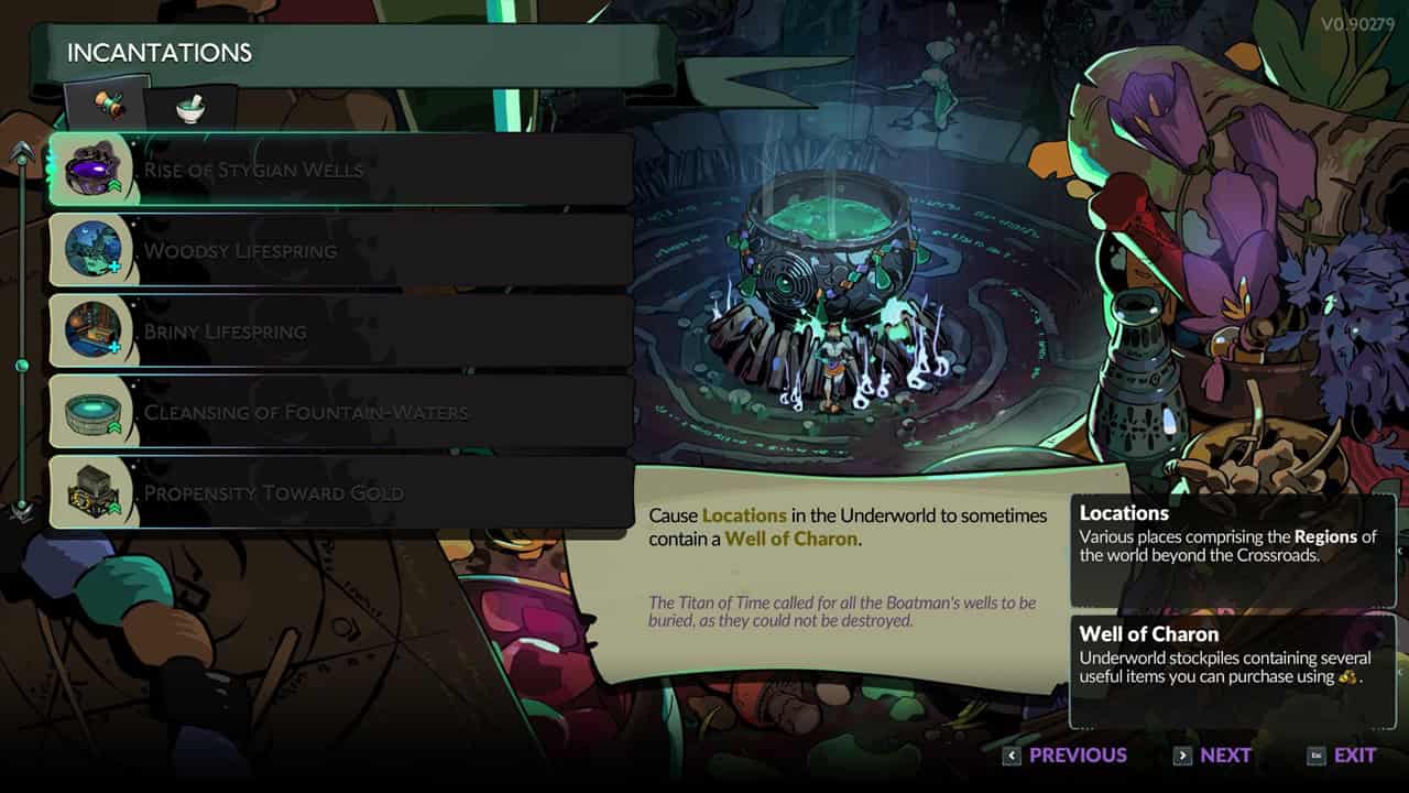 Hades 2 review: A player checks the incantations in the Crossroads. Image captured by VideoGamer.