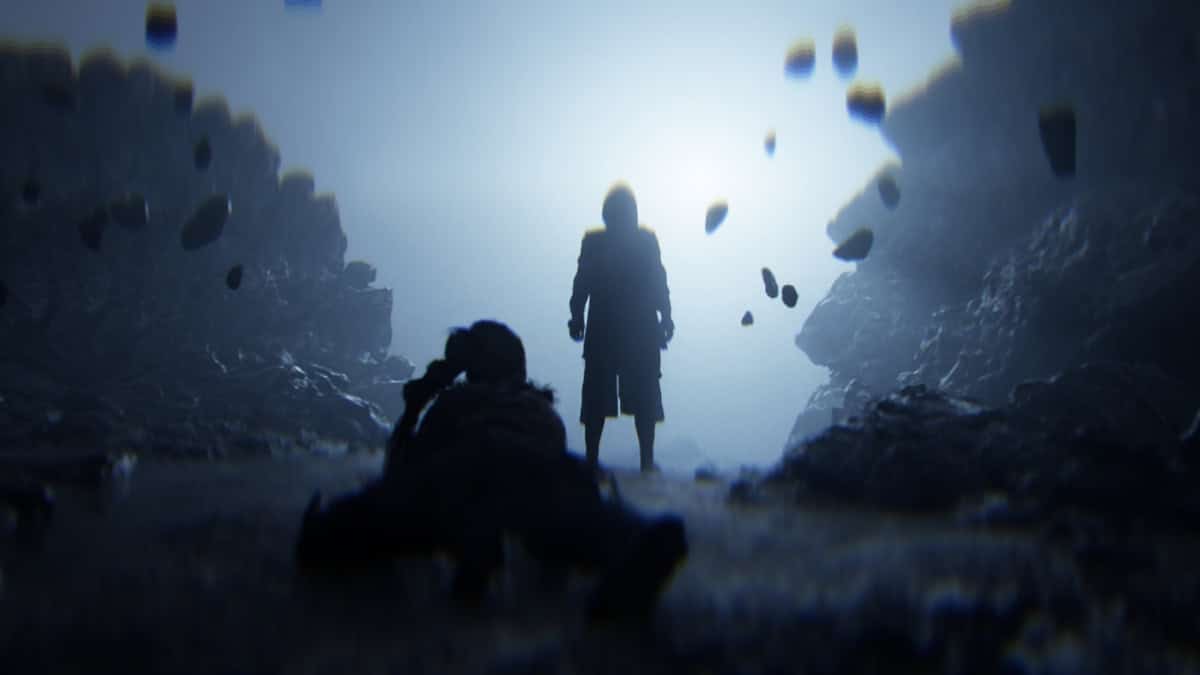 Hellblade 2 review: shadowy figure standing in front of a light with another character on the ground crawling.