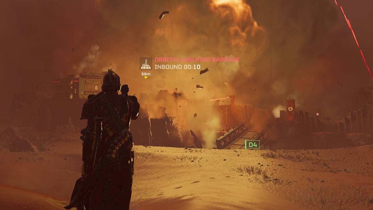 Helldivers 2 best loadouts: A player watches as an Orbital Walking Barrage is used on an enemy base. Image captured by VideoGamer.