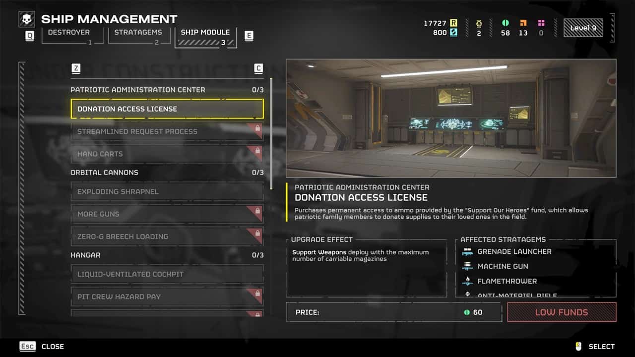 Helldivers 2 best ship modules: The Donation Access License module in the game. Image captured by VideoGamer.