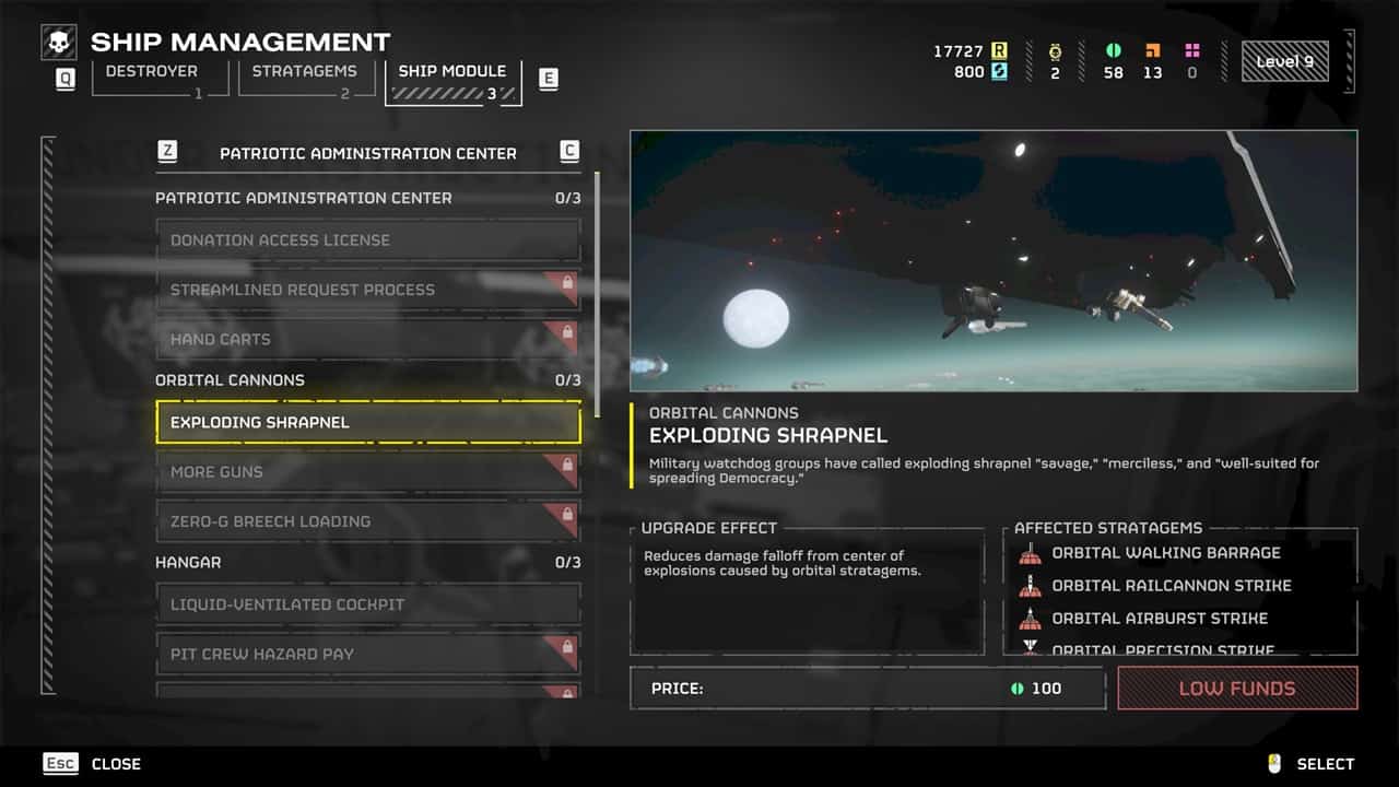 Helldivers 2 best ship modules: The Exploding Shrapnel module in the game. Image captured by VideoGamer.