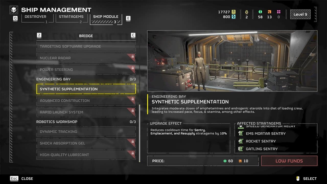 Helldivers 2 best ship modules: The Synthetic Supplementation module in the game. Image captured by VideoGamer.