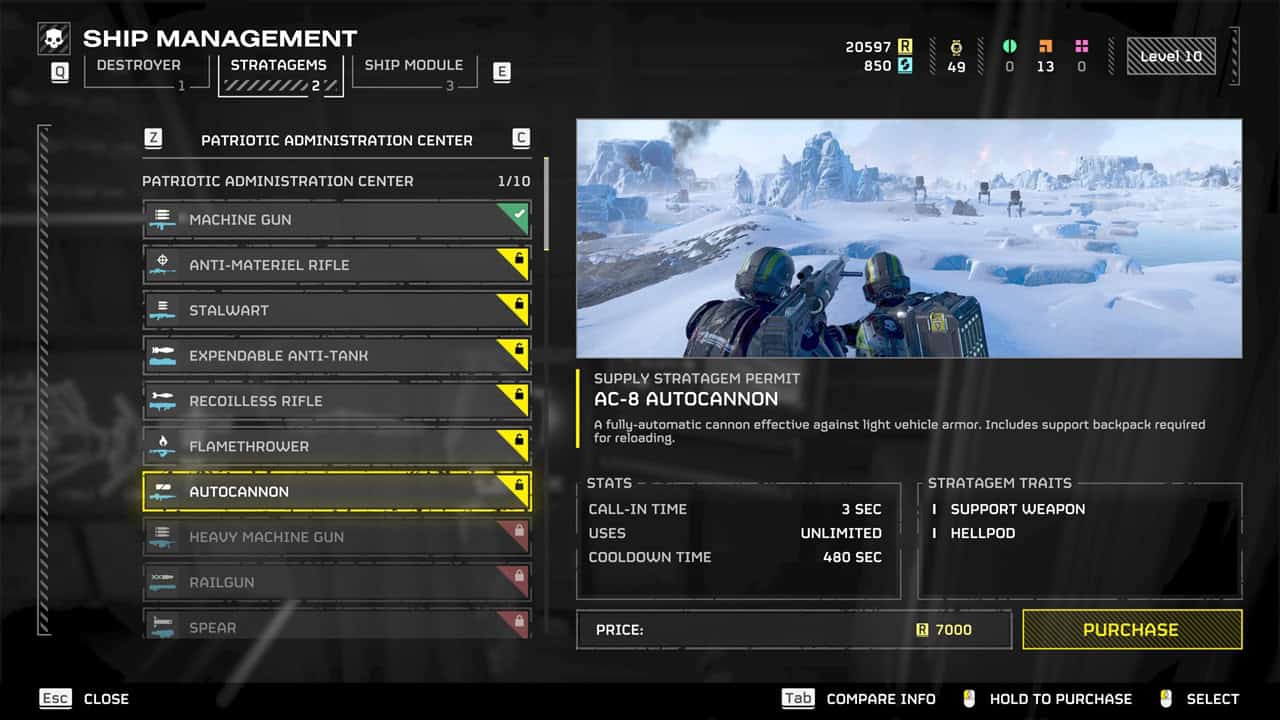 Helldivers 2 best weapons: A player checks the Autocannon in the ship management menu. Image captured by VideoGamer.