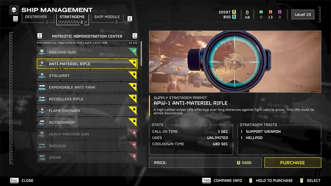 Helldivers 2 best weapons: The Anti-Materiel Rifle in the ship management section. Image captured by VideoGamer.