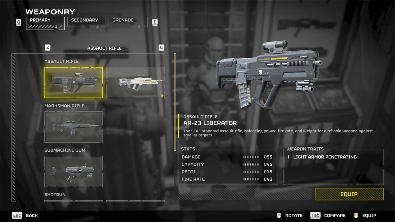 Helldivers 2 best weapons: A player checks the Liberator in their loadout. Image captured by VideoGamer.