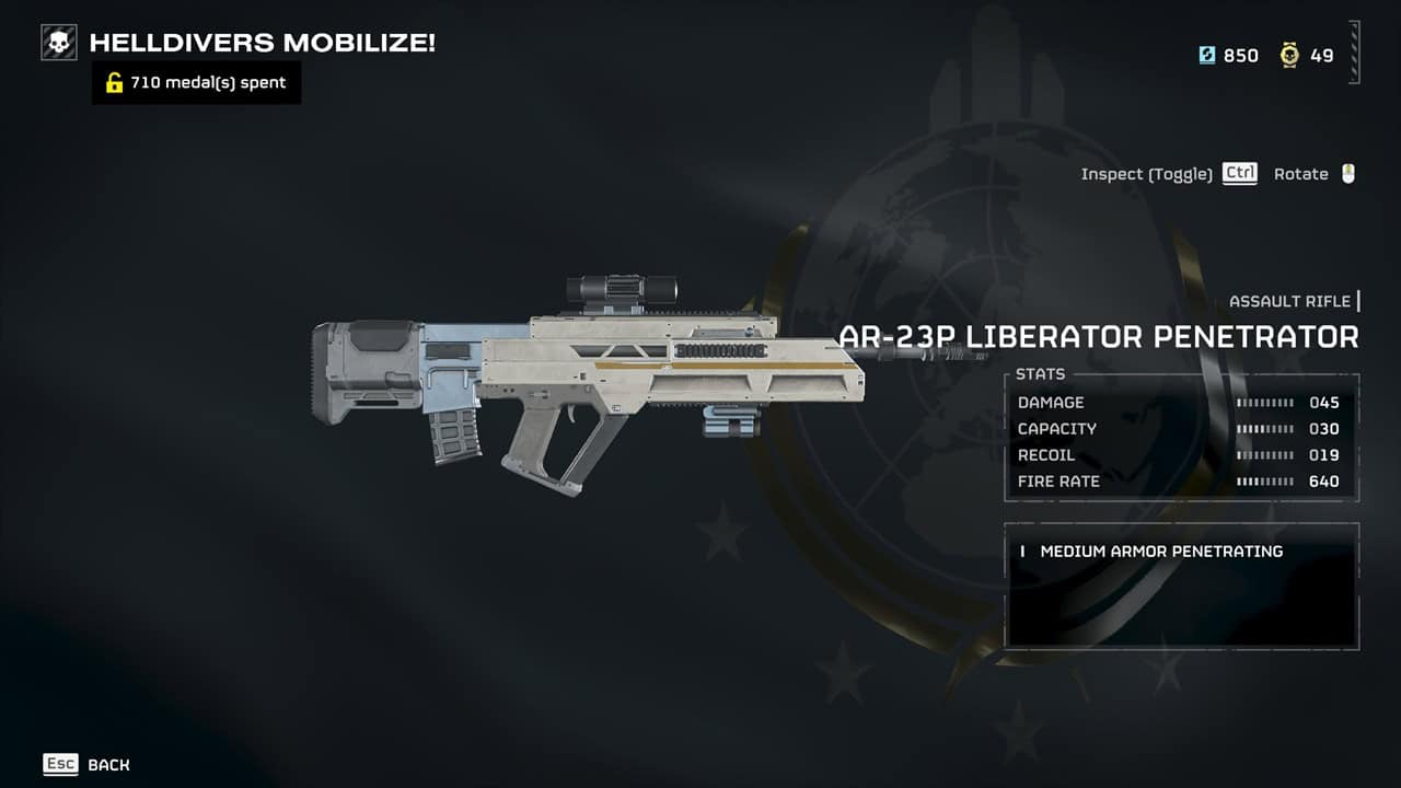 Helldivers 2 best weapons: A player checks out the Liberator Penetrator in the Warbond menu. Image captured by VideoGamer.