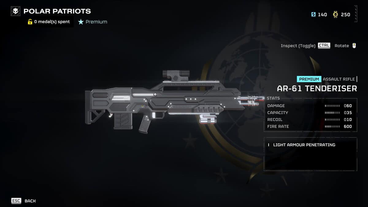 Helldivers 2 best weapons: A player checks out the AR-61 Tenderiser in the Warbonds menu.