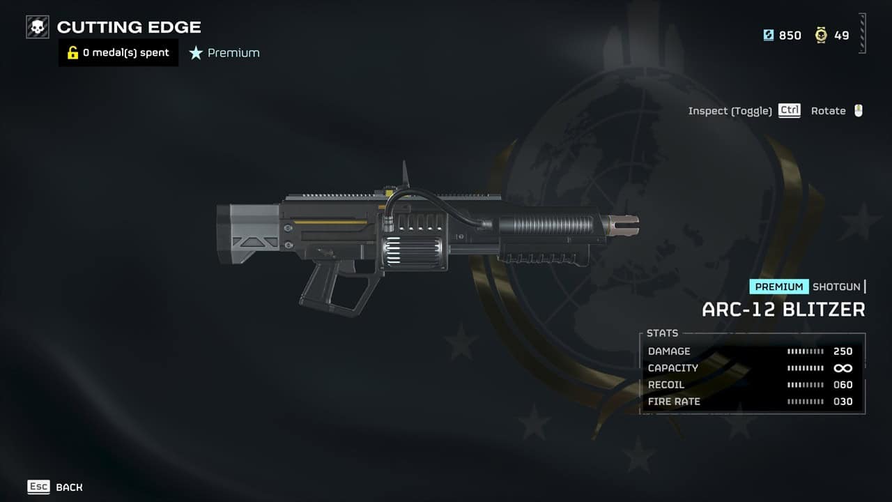 Helldivers 2 best weapons: A player checks out the Arc-12 Blitzer in the Warbonds menu. Image captured by VideoGamer.
