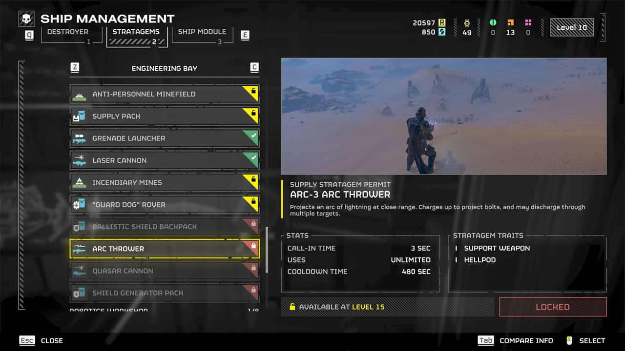 Helldivers 2 best weapons: A player checks out the Arc Thrower in the ship management menu. Image captured by VideoGamer.