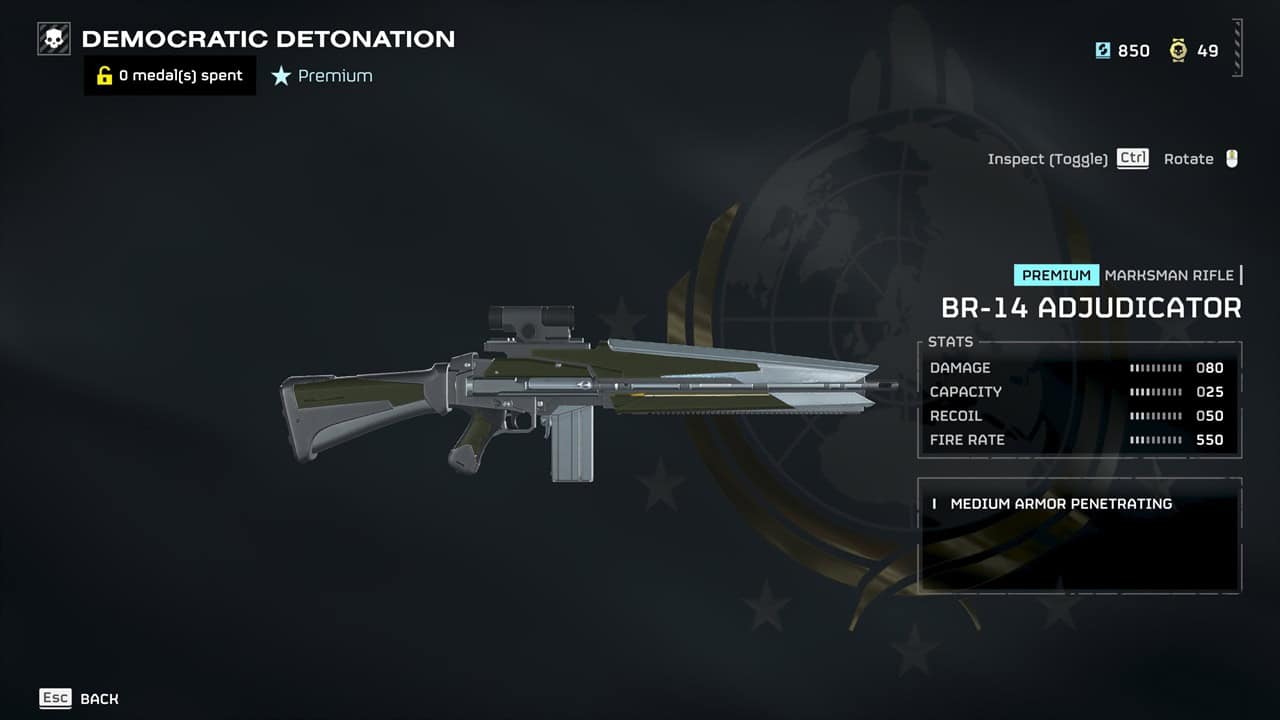 Helldivers 2 best weapons: A player checks the Adjudicator in the Warbonds menu. Image captured by VideoGamer.