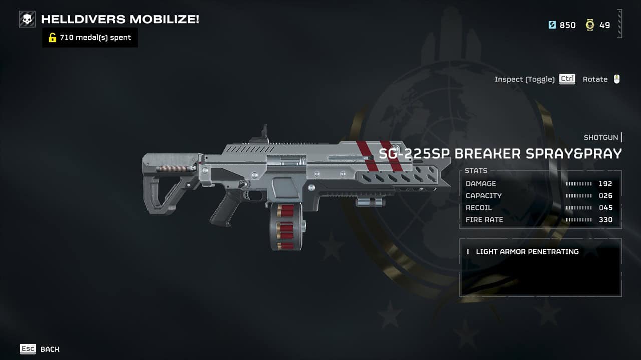 Helldivers 2 best weapons: A player checks the Breaker Pray and Spray in the Warbonds menu. Image captured by VideoGamer.