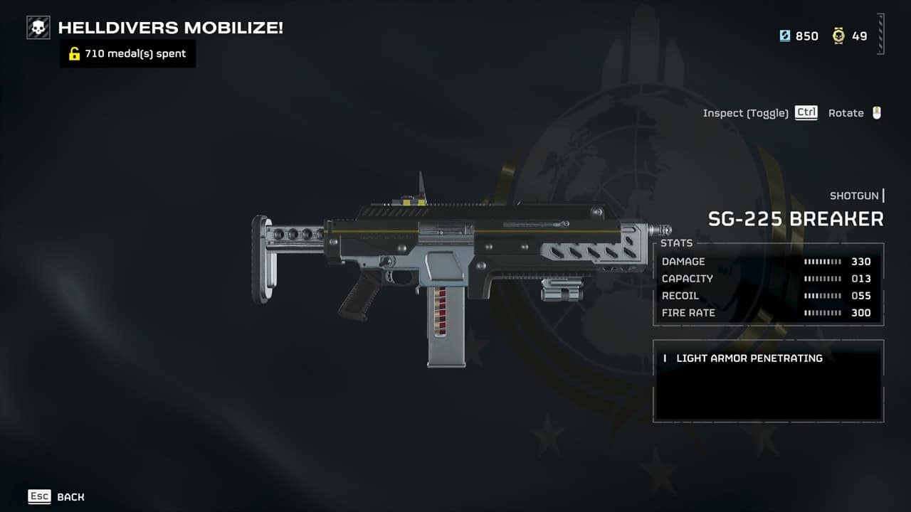 Helldivers 2 best weapons: The Breaker in the game's armory. Image captured by VideoGamer.
