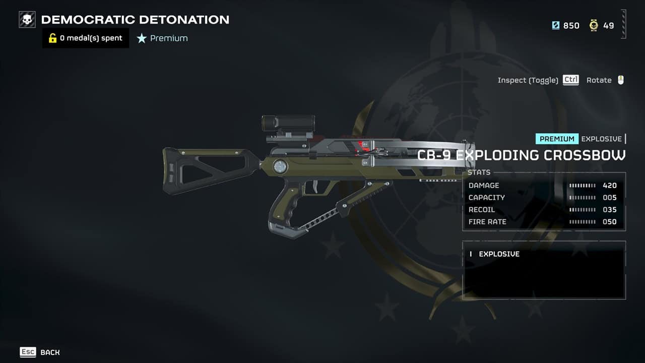 Helldivers 2 best weapons: A player checks out the Exploding Crossbow in the Warbond menu. Image captured by VideoGamer.