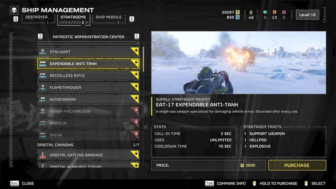 Helldivers 2 best weapons: A player checks out the Expendable Anti-Tank in the ship management menu. Image captured by VideoGamer.