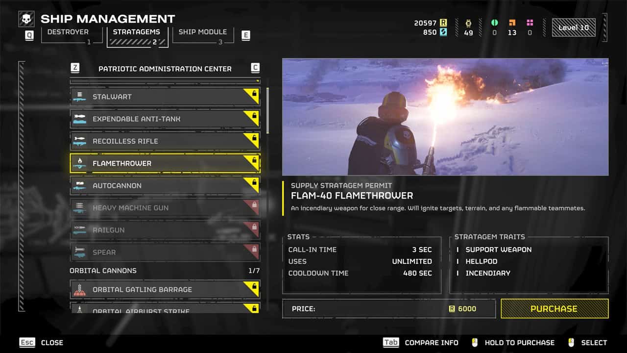 Helldivers 2 best weapons: A player checks out the Flamethrower in the ship management menu. Image captured by VideoGamer.