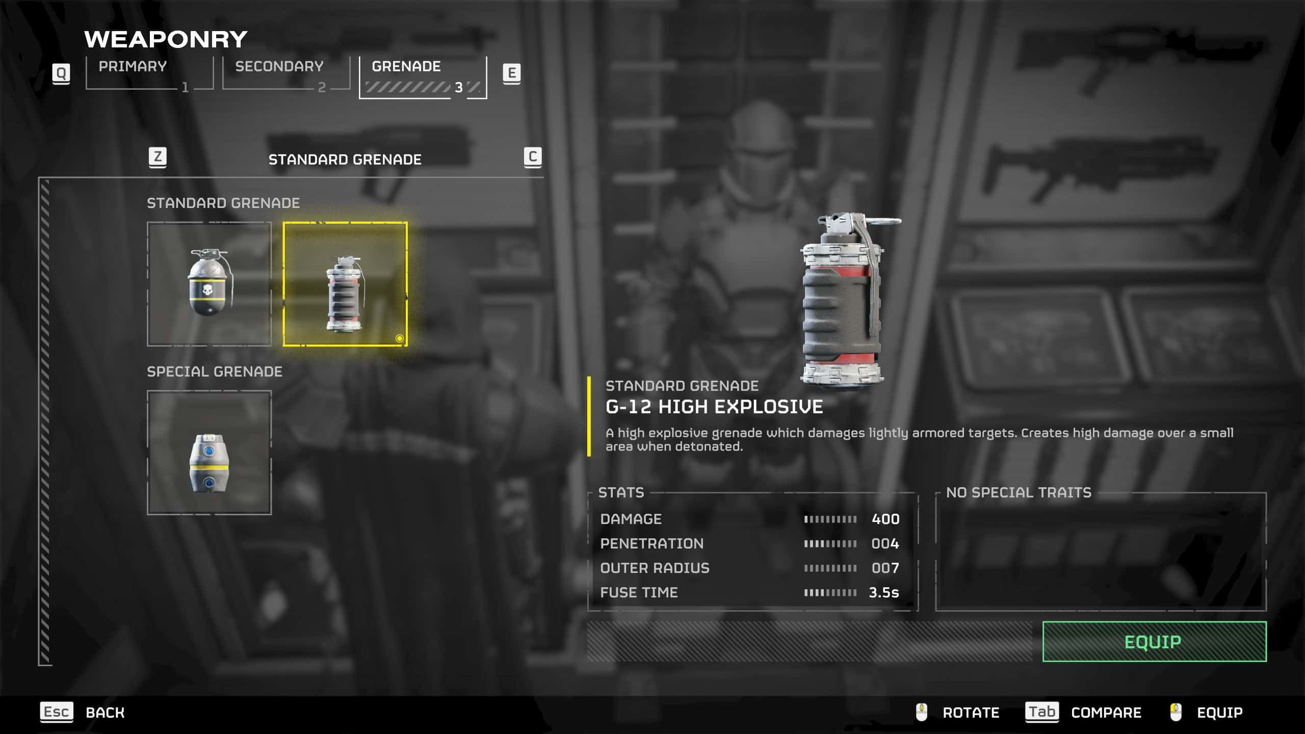 Helldivers 2 best weapons: A player checks out the G-12 High Explosive in their loadout. Image captured by VideoGamer.