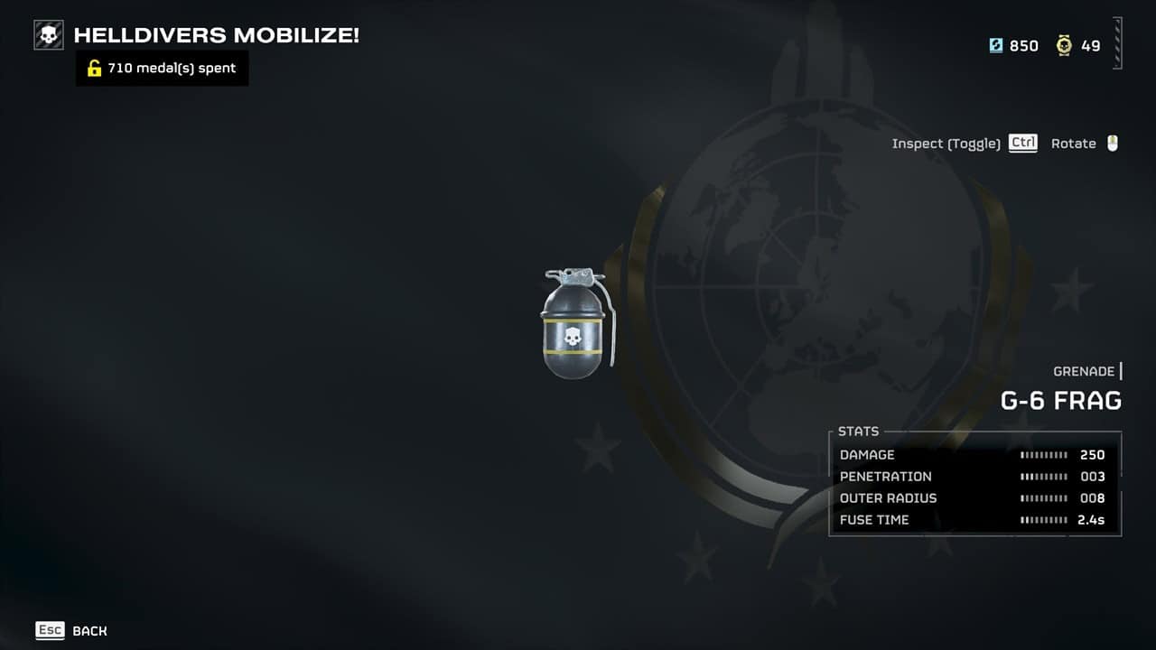 Helldivers 2 best weapons: A player checks the G-6 Frag in the Warbonds menu. Image captured by VideoGamer.
